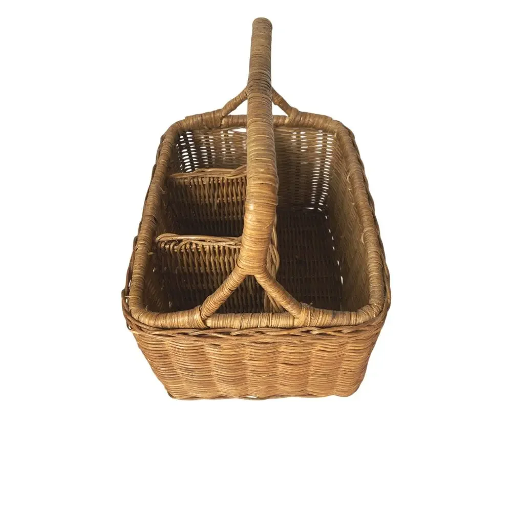 Vintage Rattan & Wicker Divided Utensil Caddy Storage Basket Country Cottage